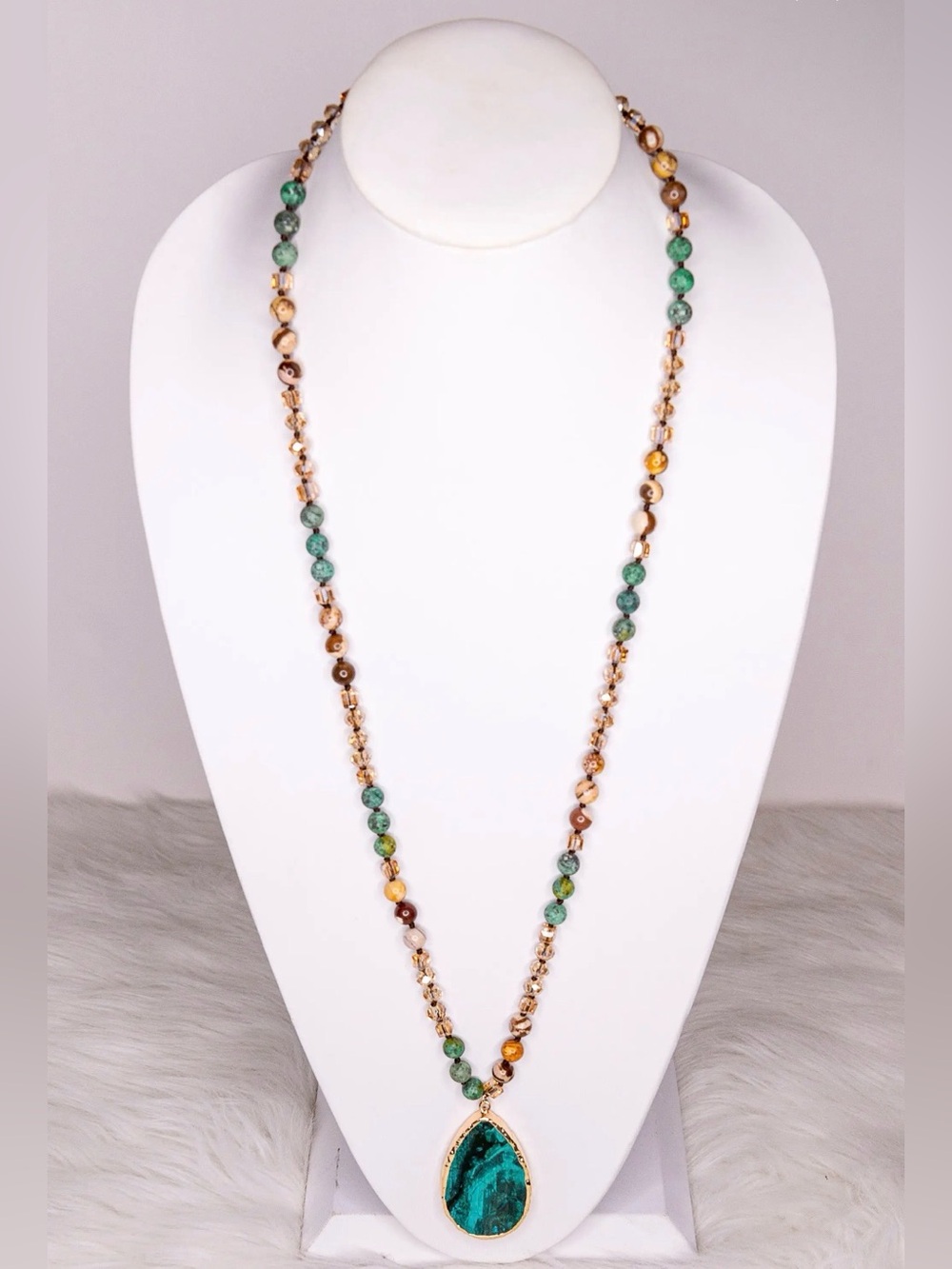 Sabrina Long Jade Green and Gold Teardrop Pendant Beaded Natural Stone Necklace